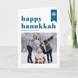 Blue Happy Hanukkah Typografie Snowflakes Foto Feiertagskarte