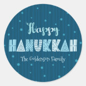 Blue Happy Hanukkah Typografie Star David Name Runder Aufkleber (Vorderseite)