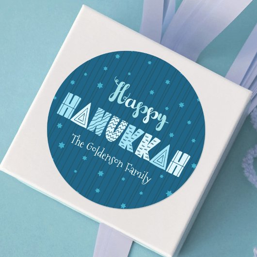 Blue Happy Hanukkah Typografie Star David Name Runder Aufkleber