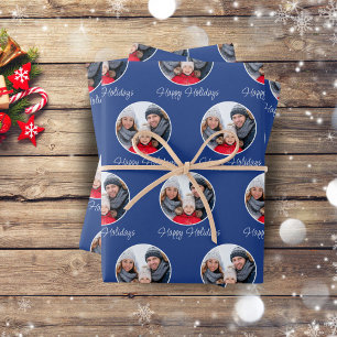 Blue Happy Holidays Family Foto Weihnachten Geschenkpapier Set