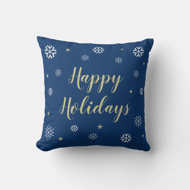 Blue Happy Holidays Snowflakes Kissen (Vorderseite)