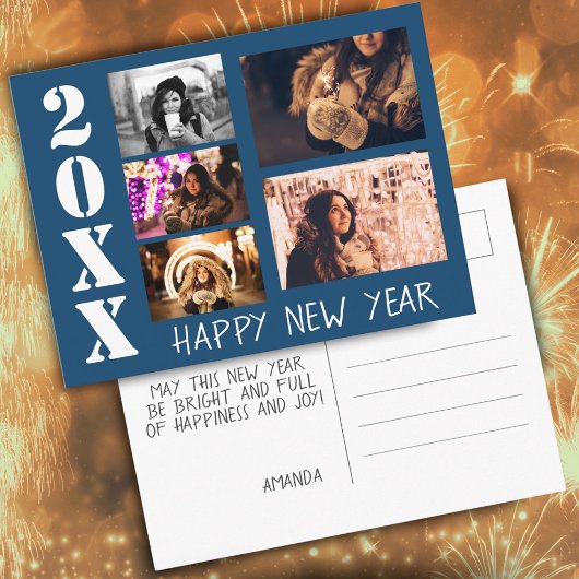 Blue Happy New Year 2026 5 Foto Collage Postkarte