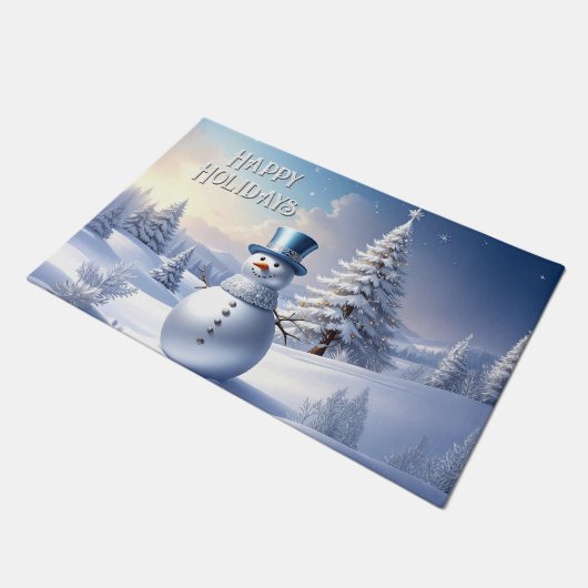 Blue Hat Snowman Christmas Tree Holiday Doormat Fußmatte (Schrägansicht)