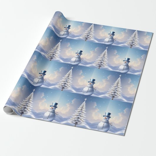 Blue Hat Snowman Christmas Tree Holiday Geschenkpapier (Ungerollt)