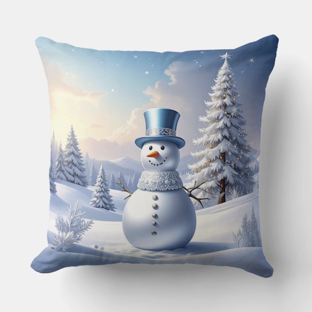 Blue Hat Snowman Christmas Tree Holiday Kissen (Vorderseite)