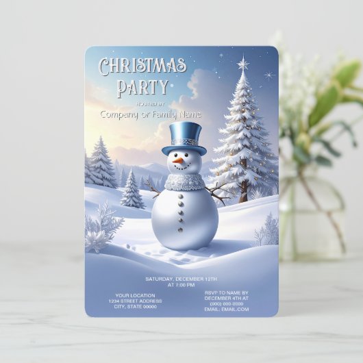 Blue Hat Snowman Christmas Tree Holiday Party Einladung (Stehend Vorderseite)