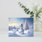 Blue Hat Snowman Christmas Tree Holiday Postcard Postkarte (Stehend Vorderseite)