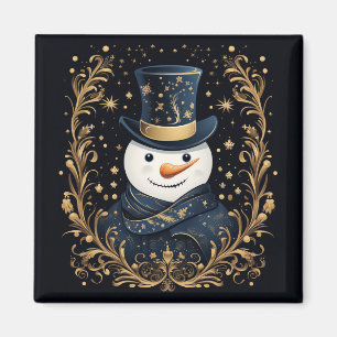Blue Hat Snowman Gold Decorative Holiday Magnet