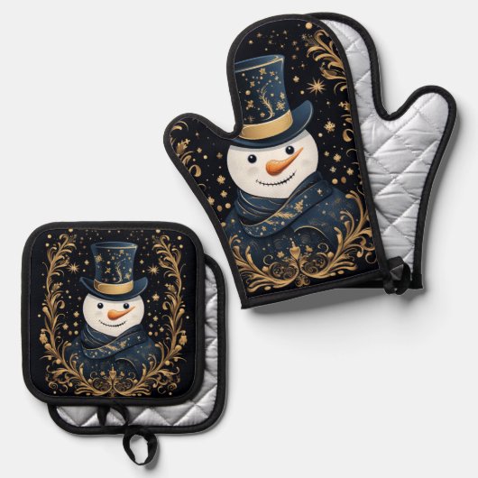 Blue Hat Snowman Holiday Ofenhandschuh & Topflappen-Set (Vorderseite/Rückseite)