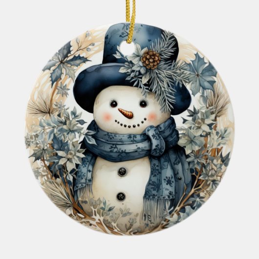 Blue Hat Snowman Weihnachten Keramik Ornament (Vorne)