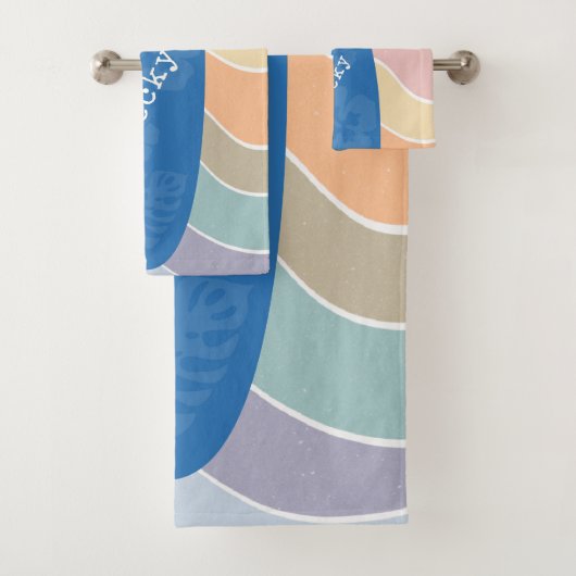 Blue Hawaii Surfboard on Pastel Waves Badhandtuch Set (Insitu)