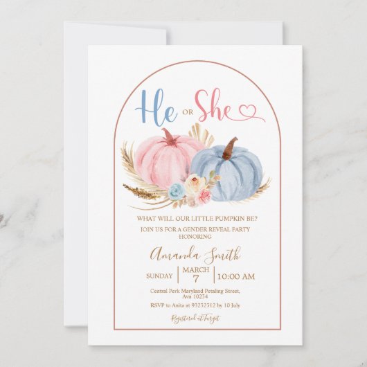 Blue He or She Boho Pink Pumpkin Gender Reveal Einladung (Vorderseite)
