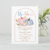 Blue He or She Boho Pink Pumpkin Gender Reveal Einladung (Stehend Vorderseite)