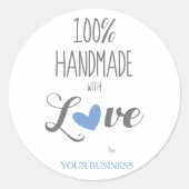 Blue Heart 100% Handmade with Love Quote Runder Aufkleber (Vorderseite)