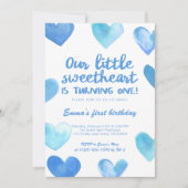 Blue Heart 1st Birthday Invitation Boy Sweetheart Einladung (Vorderseite)