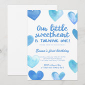 Blue Heart 1st Birthday Invitation Boy Sweetheart Einladung (Vorne/Hinten)