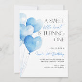 Blue Heart Balloon First Birthday Einladung (Vorderseite)