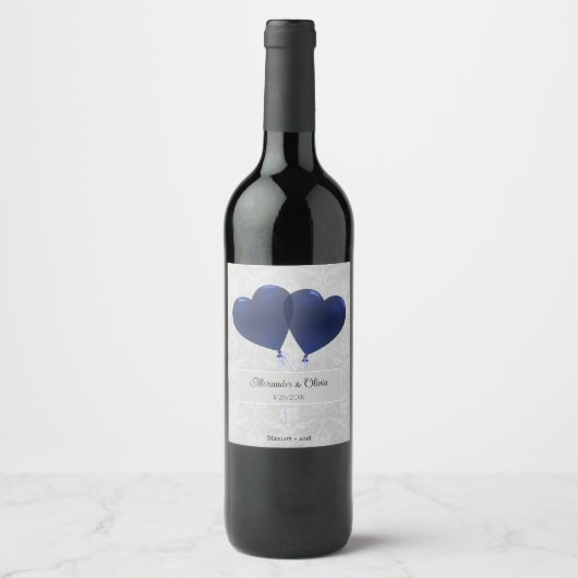 Blue Heart Balloons Wedding Wine Label Weinetikett (Vorderseite)