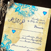Blue Heart Baroque Gold Lace Mexican Wedding RSVP Karte