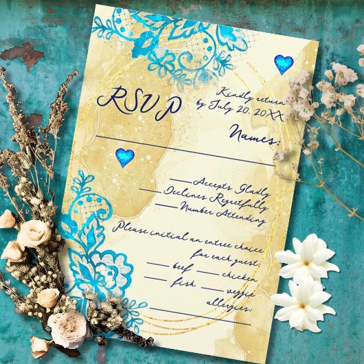 Blue Heart Baroque Gold Lace Mexican Wedding RSVP Karte