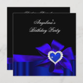 Blue Heart Black Birthday Party Bow Image Einladung (Vorne/Hinten)