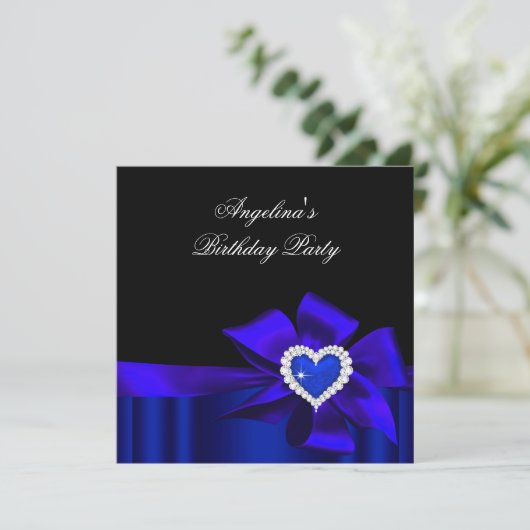 Blue Heart Black Birthday Party Bow Image Einladung (Stehend Vorderseite)