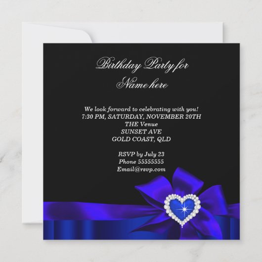 Blue Heart Black Birthday Party Bow Image Einladung (Rückseite)