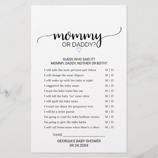 Blue Heart | Black Calligraphy Mommy or Daddy Game (Vorderseite)