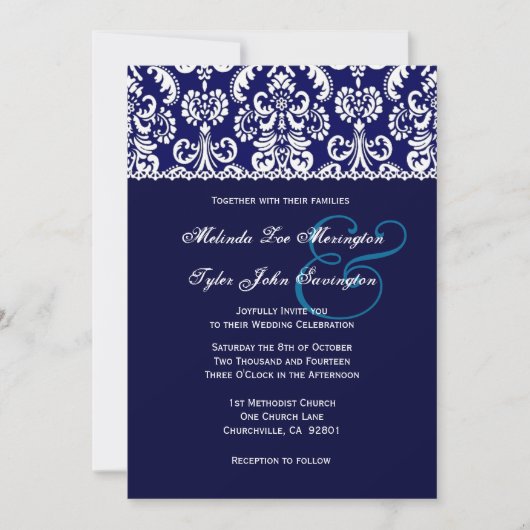 Blue Heart Damask mit Lace Wedding A04 Einladung (Vorderseite)