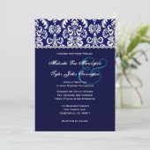 Blue Heart Damask mit Lace Wedding A04 Einladung (Stehend Vorderseite)
