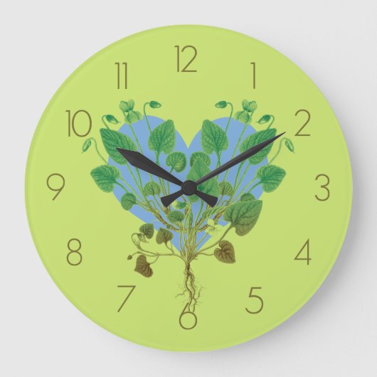 Blue Heart Green Blätter Große Wanduhr (Vorderseite)
