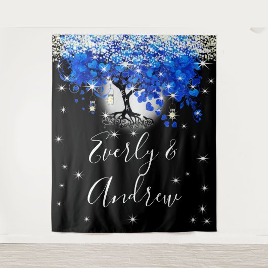 Blue Heart Leaf Tree Boho Hochzeitsband Wandteppich (Vorderseite)