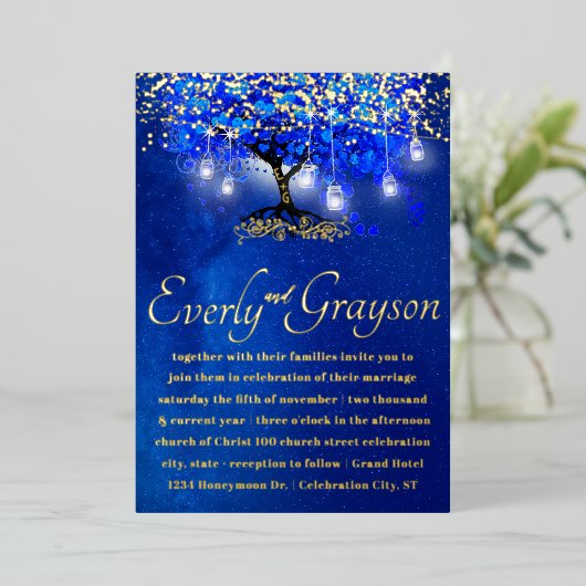 Blue Heart Leaf Tree Gold Wedding Folieneinladung (Stehend vorne)