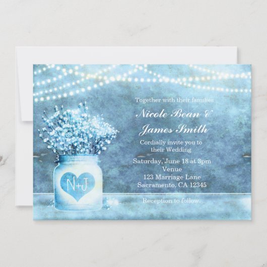 Blue Heart Mason Jar & Gipskraut Einladung (Vorderseite)