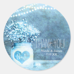 Blue Heart Mason Jar & Gipskraut Gastgeschenk Hoch Runder Aufkleber