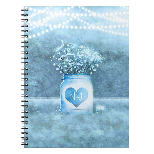 Blue Heart Mason Jar & Gipskraut Rustikal Notizblock (Vorderseite)