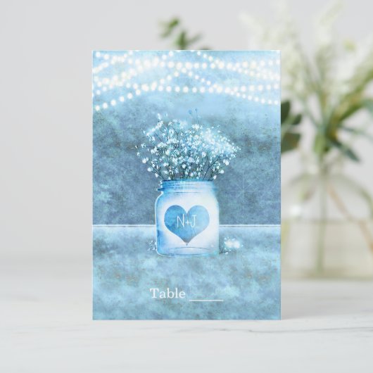Blue Heart Mason Jar & Gipskraut Tischnummer (Stehend Vorderseite)
