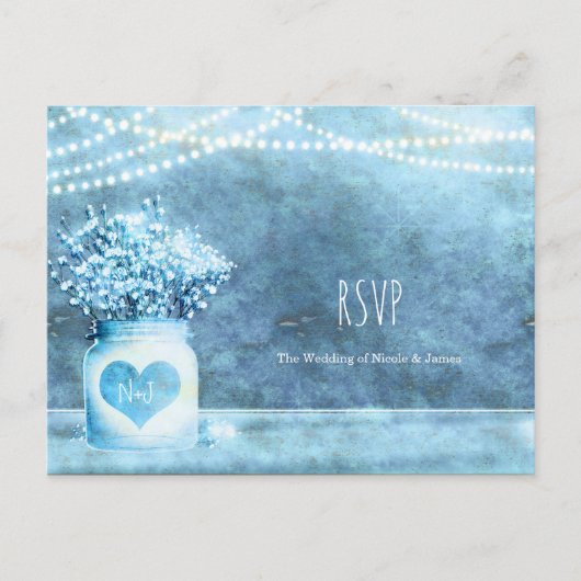 Blue Heart Mason Jar & Gipskraut Wedding RSVP Einladungspostkarte (Vorderseite)