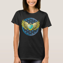Blue Heart mit Goldenen Engel Wings auf Blume des T-Shirt