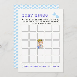 Blue Heart Prince Baby Boy Dusche Party Bingo Game Einladung