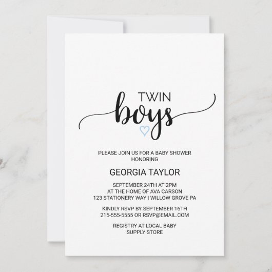 Blue Heart | Simple Black Calligraphy Twin Boys Einladung (Vorderseite)