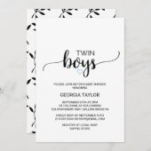 Blue Heart | Simple Black Calligraphy Twin Boys Einladung (Vorne/Hinten)