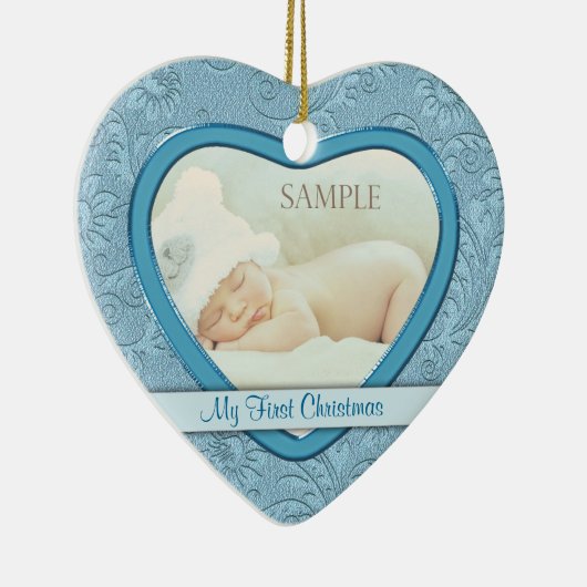 Blue Heart Swirl Baby First Christmas Keramik Ornament (Rechts)