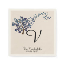 Blue Heart Tree on Ivory Wedding Napkin