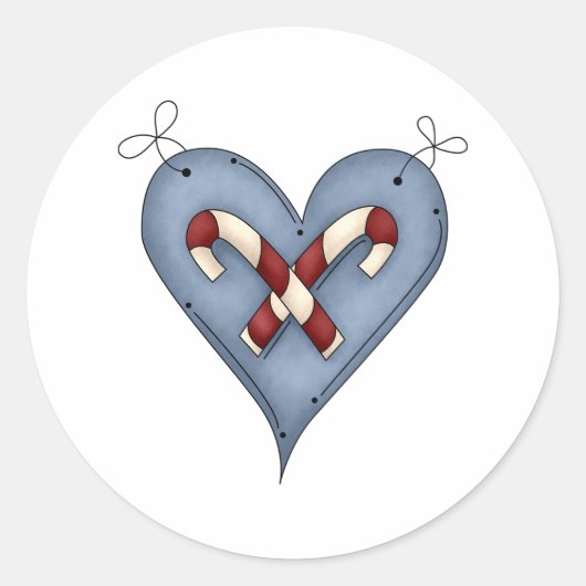 Blue Heart with Candy Canes Country Christmas Runder Aufkleber (Vorderseite)