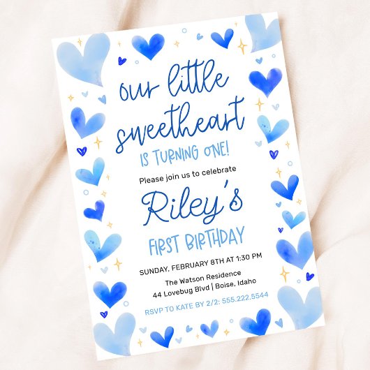 Blue Hearts 1. Geburtstag Unser kleines Süße Einladung