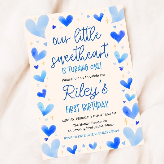 Blue Hearts 1. Geburtstag Unser kleines Süße Einladung