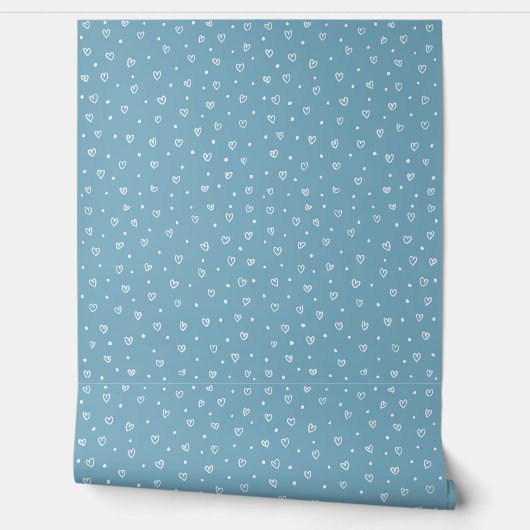Blue Hearts & Dots Pattern – Cute Hand-Drawn Desig Tapete (Abrollen)