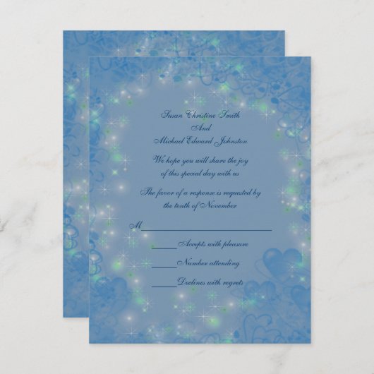 Blue Hearts Funkelnd Lights Hochzeit RSVP Karte (Vorne/Hinten)