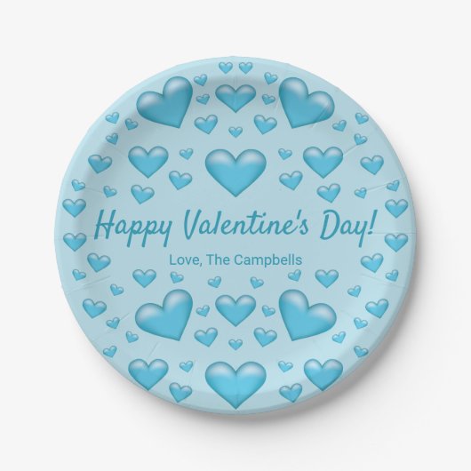 Blue Hearts Happy Valentine's Day & Custom Text Pappteller (Vorderseite)